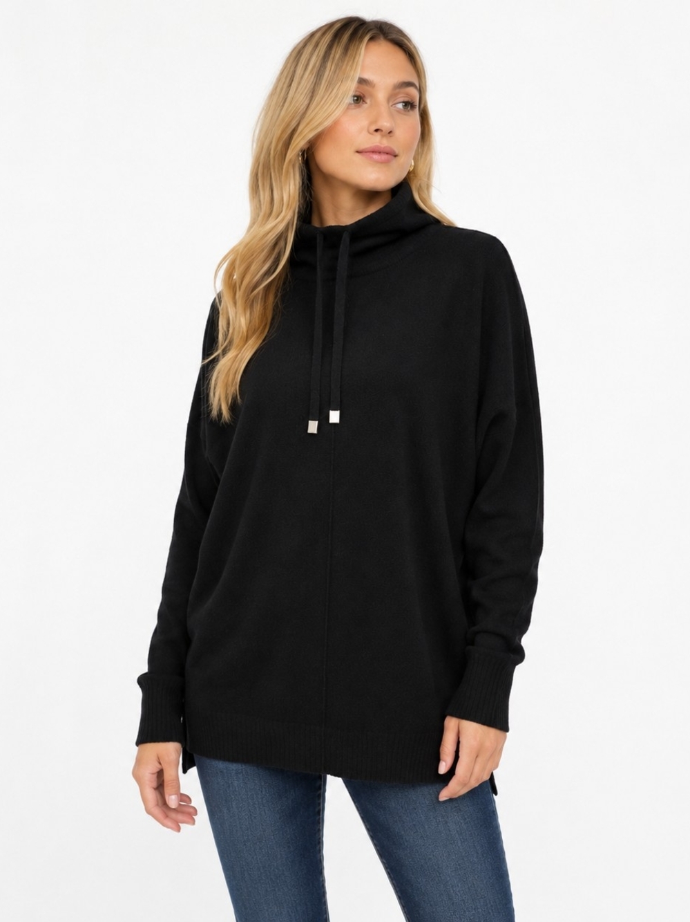 Isaac Mizrahi Cashmere Black Cowl Neck Drawcord Sweater